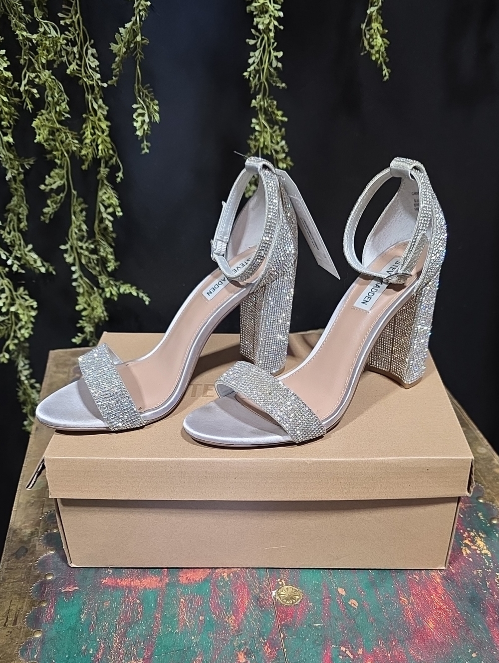 Steve Madden Silver Crystal Block-Heel Sandals